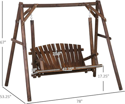 Outsunny 2-Seat Porch Swing with Stand, Wooden Patio Swing Chair Bench, for Garden, Poolside, Backyard, Brown