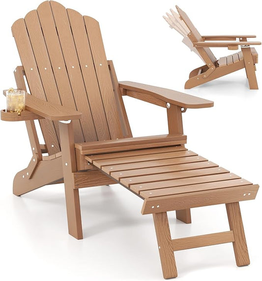 Giantex Folding Adirondack Chair, All-Weather Lounge Chair with Adjustable Backrest, Retractable Ottoman, Cup Holder, HIPS Fire Pit Chair for Lawn, Pool, Patio, Porch (1, Brown)