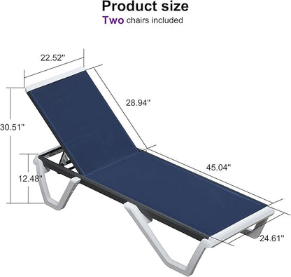 PURPLE LEAF Outdoor Chaise Lounge Set of 2 Plastic Pool Lounge Chair with Aluminum Frame Stackable Patio Tanning Chairs for Poolside Sunbathing Beach Deck Yard, Navy Blue