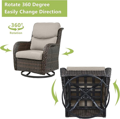 Rilyson Wicker Rocking Chair Swivel Chairs - 2 Piece Rocker Patio Chairs Set Rattan Rocking Chair for Outdoor Porch Deck Garden Backyard (Brown/Beige/Smile)