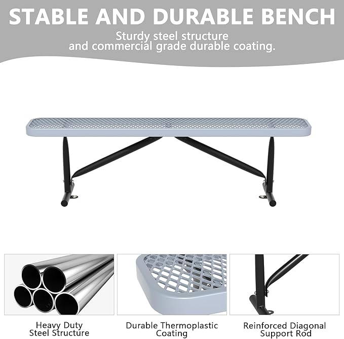 6 Feet Heavy Duty Metal Park Bench for Outside, Outdoor Bench with Portable Frame, Commercial Benches for Shopping Mall, Store, Park, Patio, Deck, Grey