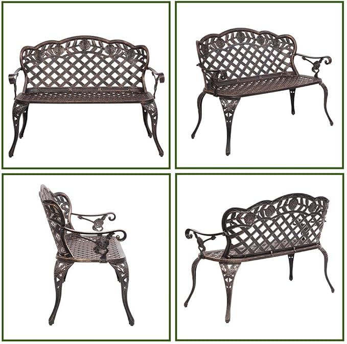 DANGRUUT Best Outdoor Metal Garden Bench, 42.5" Durable Aluminium Park Rose Bench, Antique Finish Chair 2-Person Seat for Patio Yard Deck Furniture, Load Capacity 530lbs, Bronze