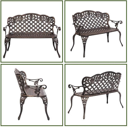 DANGRUUT Best Outdoor Metal Garden Bench, 42.5" Durable Aluminium Park Rose Bench, Antique Finish Chair 2-Person Seat for Patio Yard Deck Furniture, Load Capacity 530lbs, Bronze