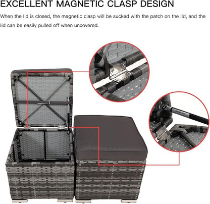 2-Pieces Patio Rattan Ottomans，All-Weather Rattan Wicker Multipurpose Outdoor Furniture for Patio, Backyard, Additional Seating, Footrest, Side Table w/Storage, Removable Cushions (Grey)