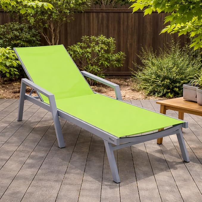 LeisureMod Marlin Patio Chaise Lounge Chair, Adjustable Outdoor Grey Aluminum Lounge with Breathable Mesh Sling Back, Lightweight Poolside Reclining Sun Lounger Weather & UV Resistant (Green)