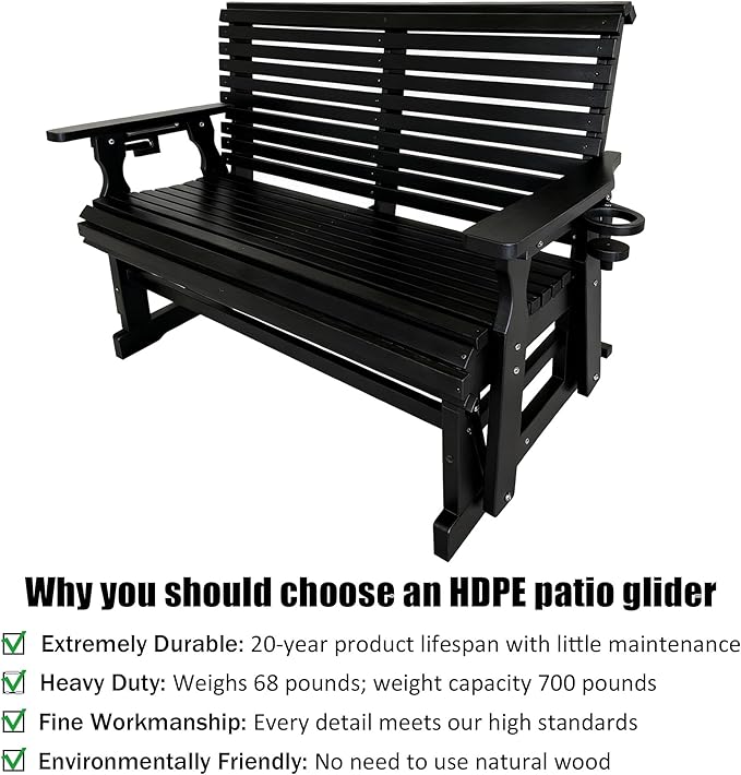 HDPE Patio Glider, Poly Lumber Weather-Resistant Outdoor Glider Bench, for Patio, Porch, Yard (Carbon Black, 2-Seater)