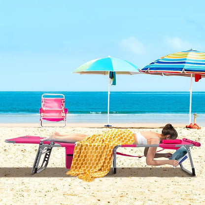 GYMAX Tanning Chair, 330LBS Beach Lounge Chair with Face Arm Hole & Hand Shoulder Strap, Folding Layout Sunbathing Chair, Face Down Outdoor Chaise Lounger for Patio, Poolside, Lawn, Backyard (2, Pink)