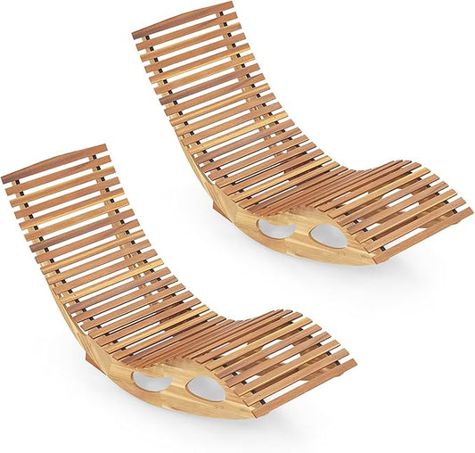 Tangkula Outdoor Chaise Lounge Chair Set of 2, Acacia Wood Rocking Sun Lounger with Slatted Backrest and Seat, Wooden Rocker Lounge Chair for Patio, Garden and Poolside