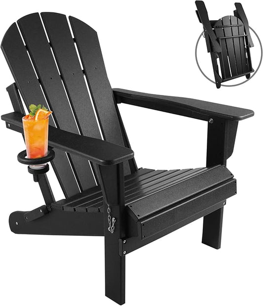 Magpie Fabrics Foldable Adirondack Chair with Cup Holder, HDPE Weather Resistant Oversize Outdoor Chair, Widely Used in Patio, Fire Pit, Deck, Porch, Garden, Campfire (Black)