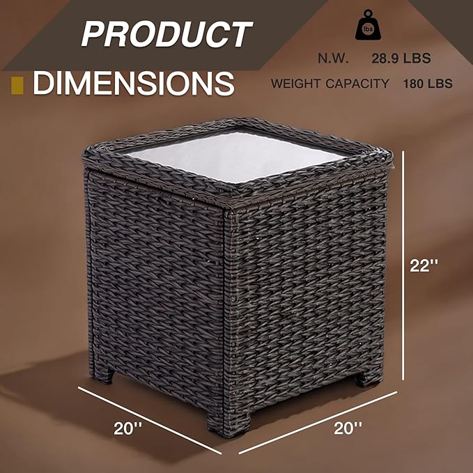 Classic Outdoor Storage Side Table, Weather-Resistant HDPE Rattan Wicker Patio Coffee Table w/Tempered Glass Flip Top for Porch Pool, Dark Brown