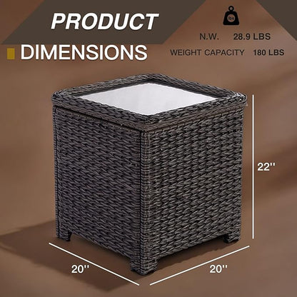 Classic Outdoor Storage Side Table, Weather-Resistant HDPE Rattan Wicker Patio Coffee Table w/Tempered Glass Flip Top for Porch Pool, Dark Brown
