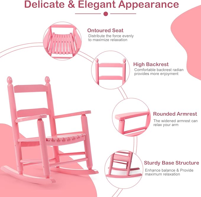 Outvita Outdoor Children's Rocking Chair, All-Weather Wooden Porch Rocker with High Backrest, Ideal for Garden, Yard, and Balcony, Patio Rocking Chair Suitable for Kids Ages 3-6(Pink)