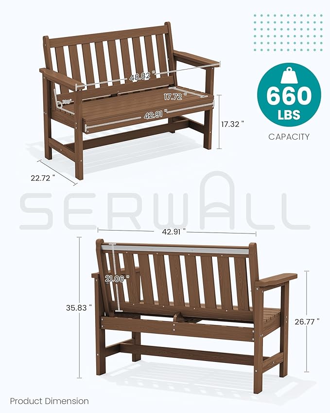 SERWALL Outdoor Bench, HDPE Outdoor Benches Weatherproof, 2-Person Garden Bench with 660 lbs Weight Capacity - Photo 3