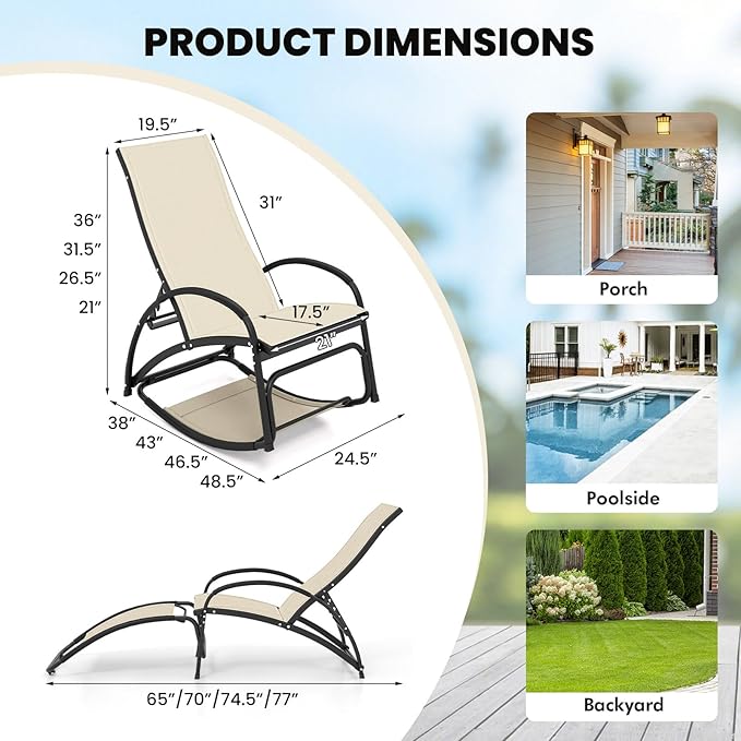 Giantex 2-in-1 Outdoor Rocking Chair, Convertible Lounge Chair with 4-Position Adjustable Backrest, Curved Armrests - Photo 3