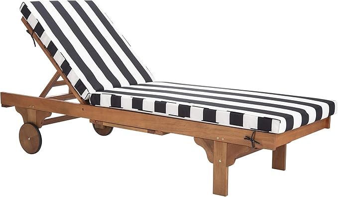 SAFAVIEH Outdoor Collection Newport Natural/ Black & White Stripe Cushion Built-in Side Table Adjustable Chaise Lounge Chair