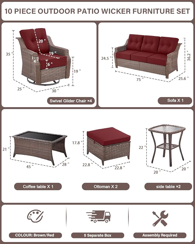 10 Piece High Back Outdoor Patio Furniture Set - Patio Conversation Set with Swivel Rocker Outdoor Chairs Set of 4 and - Photo 2