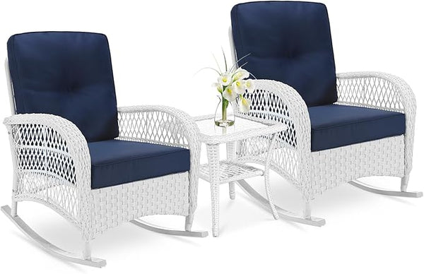 VIVIJASON 3-Piece Outdoor Conversation Bistro Set, Patio Wicker Rocking Chairs Rattan Furniture Sets w/ 2 Rattan Chairs - Photo 1