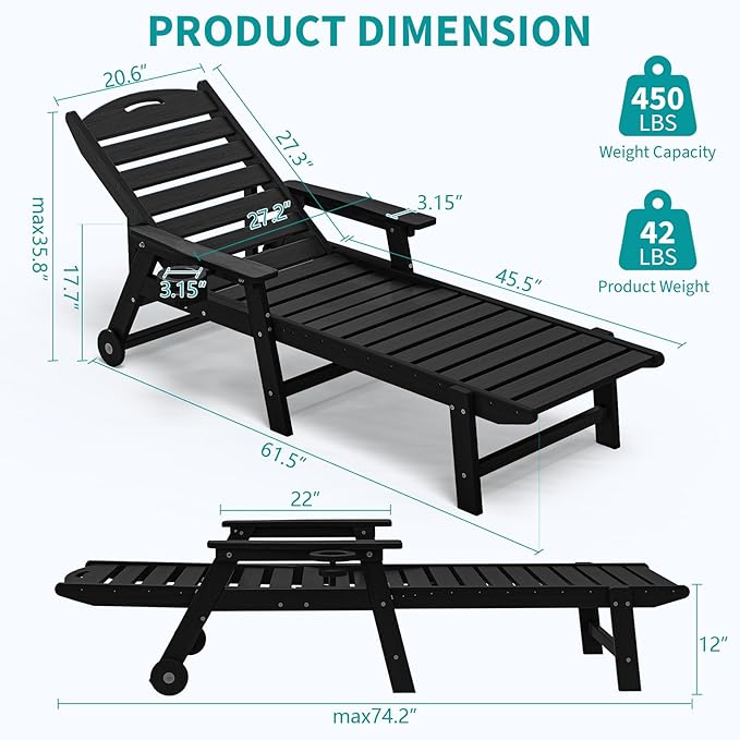 Plawdlik Oversized Patio Chaise Lounge, 5 Positions Adjustable HDPE Outdoor Lounge Chair with Rolling Wheels & Cup Holder,All-Weather for Poolside, Beach, Garden - Black