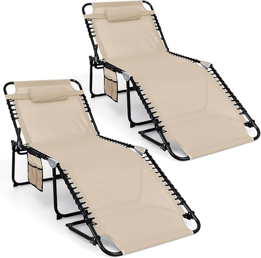 Goplus Extra Large Lounge Chair Outdoor, 27” Wide Folding 5-Position Tanning Chair with Detachable Pillow, Side Pocket, 16” High Chaise Lounger, 440LBS Capacity, Patio Lounge Chair for Yard Pool Yard