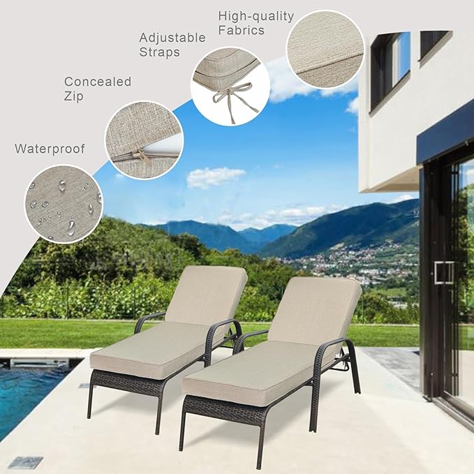 JMGBird Outdoor Chaise Lounge Cushion 70x22x4.5 Beige - Waterproof Patio Pool Chair Pad with Straps - Photo 4