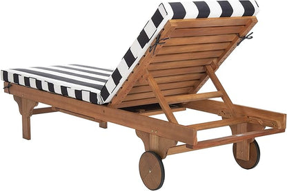 SAFAVIEH Outdoor Collection Newport Natural/ Black & White Stripe Cushion Built-in Side Table Adjustable Chaise Lounge Chair