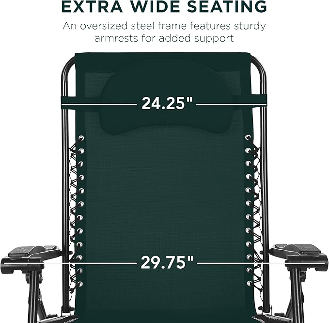 Best Choice Products Oversized Zero Gravity Chair, Folding Outdoor Patio Lounge Recliner w/Cup Holder Accessory Tray, Pillow - Forest Green