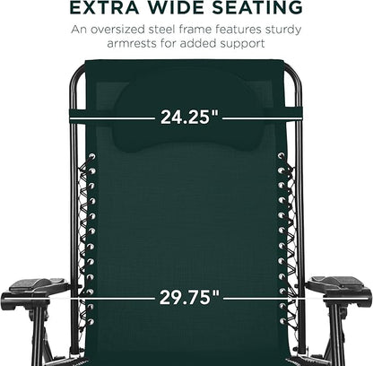 Best Choice Products Oversized Zero Gravity Chair, Folding Outdoor Patio Lounge Recliner w/Cup Holder Accessory Tray, Pillow - Forest Green