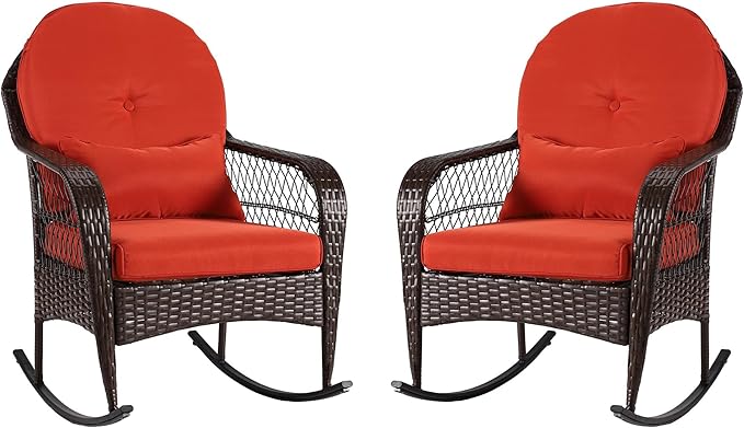 Outdoor Wicker Rocking Chair, 2 Piece PE Rattan Rocker Set with Cushion & Pillow, Outdoor Rocking Furniture for Garden, Porch, Backyard, Poolside (Brown Rattan+ Orange Cushion)