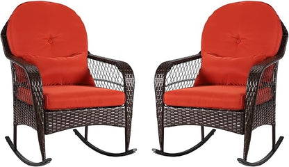 Outdoor Wicker Rocking Chair, 2 Piece PE Rattan Rocker Set with Cushion & Pillow, Outdoor Rocking Furniture for Garden, Porch, Backyard, Poolside (Brown Rattan+ Orange Cushion)