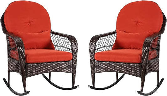 Outdoor Wicker Rocking Chair, 2 Piece PE Rattan Rocker Set with Cushion & Pillow, Outdoor Rocking Furniture for Garden, Porch, Backyard, Poolside (Brown Rattan+ Orange Cushion)