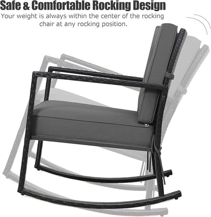 Tangkula Wicker Rocking Chair, Outdoor Glider Rattan Rocker Chair with Heavy-Duty Steel Frame, Patio Wicker Furniture Seat with 5” Thick Cushion for Garden, Porch, Backyard, Poolside (1, Gray)