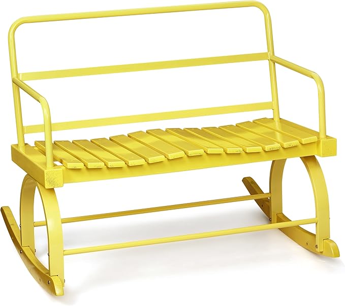 Gyabnw PHO_0Y15 Outdoor Rocking Chair-2-Person Capacity, Wide Seats, Comfortable Rocker for Patio, Garden, Porch, Sturdy & Durable,Yellow, Iron&Wood
