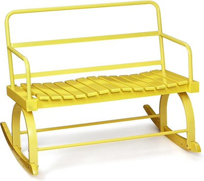 Gyabnw PHO_0Y15 Outdoor Rocking Chair-2-Person Capacity, Wide Seats, Comfortable Rocker for Patio, Garden, Porch, Sturdy & Durable,Yellow, Iron&Wood