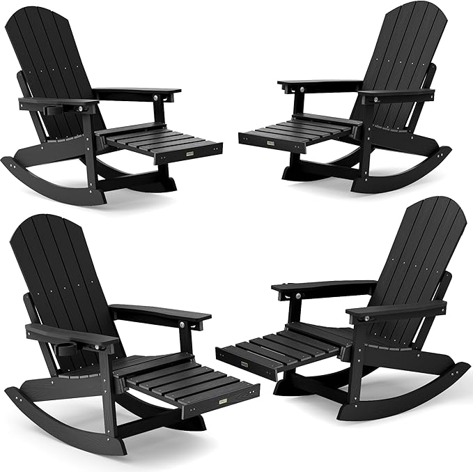 YEFU Rocking Chairs Outdoor Set of 4, Adirondack Chairs with Retractable Ottoman, Adjustable Adirondack Rocking Chair,Rockings Chair Outside,Weather Resistant,for Patio,Porch,Lawn,Heavy Duty,Black