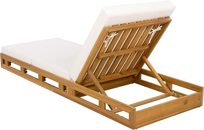 Outdoor Lounge Chaise Set with 3-Fold 4" Water-Resistant Cushion & Headrest,4-Position Adjustable Backrest Recliner,Acacia Wood Lounger Chair for Patio,Garden,Poolside,Balcony,Deck,79" D Cream,Teak