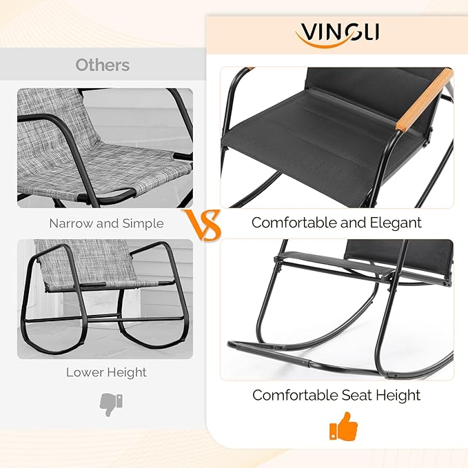 VINGLI Outdoor Rocking Chair, 450lbs Capacity Portable Outdoor Rocker with Footrest, Hard Armrests, Pillow, All Weather Porch Rocker for Garden, Living Room, Patio, Lawn (Black, with footrest)
