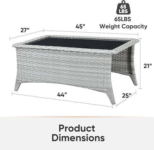 Outdoor Coffee Table - Patio Rattan Wicker Coffee Table with Tempered Glass Top Outdoor Table for Deck Porch Balcony Garden - Light Grey