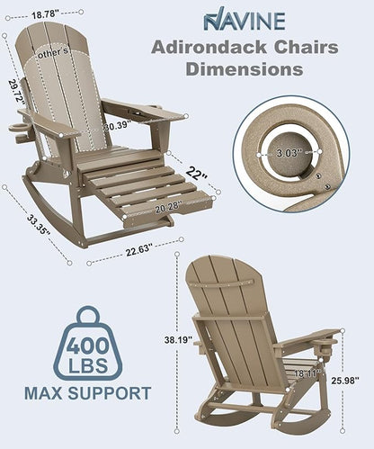 Adirondack Rocking Chairs Set of 2 with Retractable Ottoman, All Weather Folding Adirondack Chair with Two Cup Holders, Adirondack Outdoor Rocking Chairs for Porch, Patio, Balcony. Brown