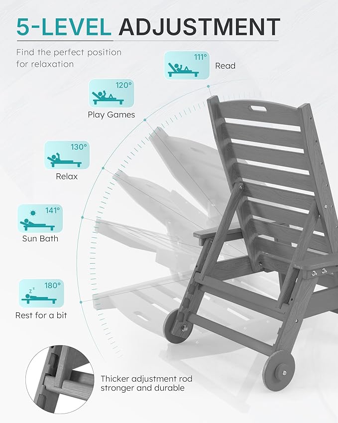 Chaise Lounge Chair Outdoor with Wheels, Oversize Patio Lounge Chairs with Wood Texture, 5-Position Plastic Lounge Chairs Set of 4-Grey(Separate Delivery)