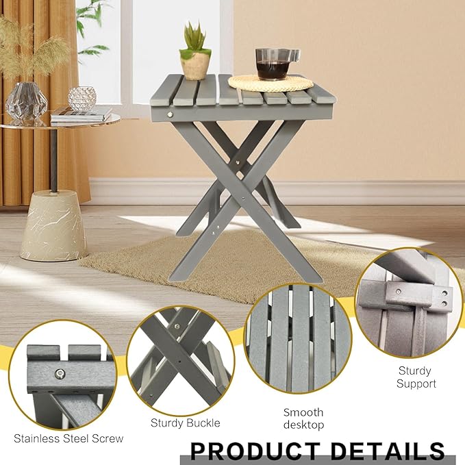 HDPE Outdoor Side Table Small End Square Table Folding Coffee Furniture for Patio, Garden, Balcon, Pool, Outside Portable Grey