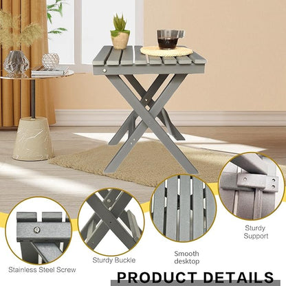 HDPE Outdoor Side Table Small End Square Table Folding Coffee Furniture for Patio, Garden, Balcon, Pool, Outside Portable Grey