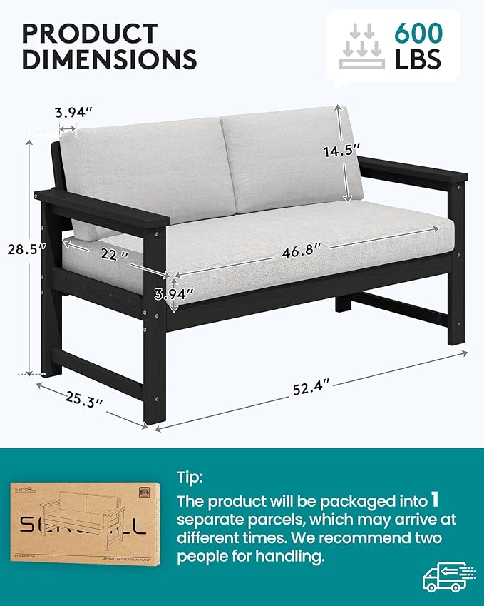 SERWALL Black HDPE Outdoor Loveseat with Khaki Cushions, All Weather Use Outdoor Loveseat Sofa - Photo 5