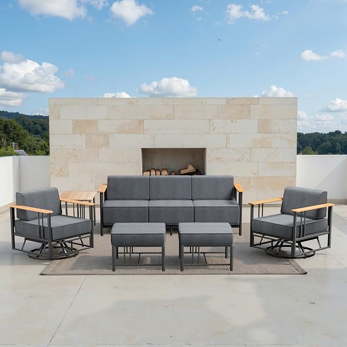 Patio Furniture Set of 3,with 6-inch Thick Cushion Outdoor Furniture Set, Swivel Rocking Chairs Set,Wood Grain armrests,trapezoidal backrest,Indoor/Outdoor Balcony Seating Dark Gray | Gray