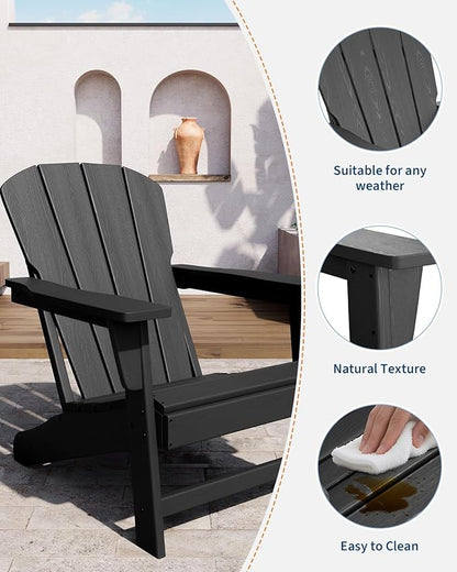 Modern HDPE Plastic Adirondack Chair - Oversize 380 LB Poly Lumber Weather Resistant Firepit Chair - Outdoor Patio Chairs with Wooden Textured for Garden, Backyard, Lawn, Deck, Pool, Porch - Black