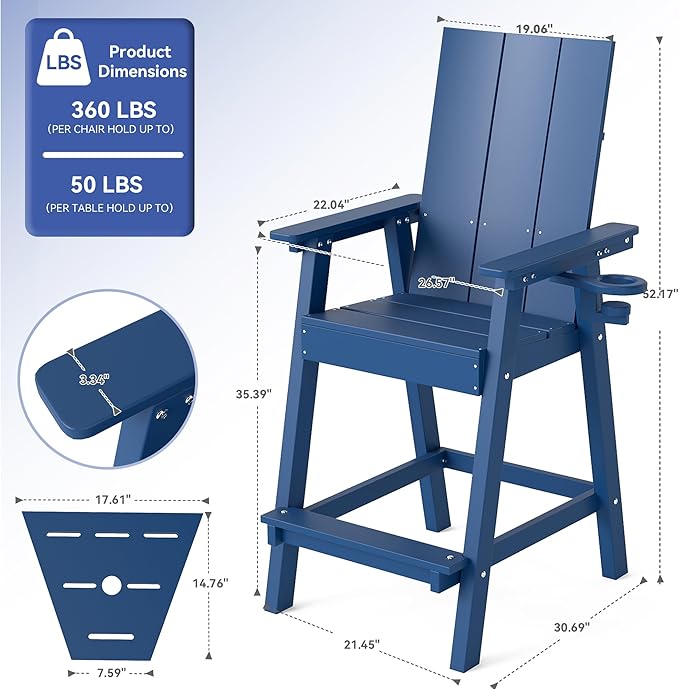 FOOWIN Tall Adirondack Chairs Set of 8,HDPE Adirondack Bar Stools with Connecting Tray & Cup Holders,Weather Resistant Balcony Chair for Outdoor Deck Lawn Pool Backyard Navy Blue