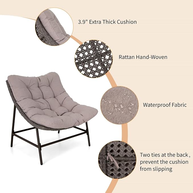 MFSTUDIO Outdoor Scoop Rattan Egg Lounge Chairs Patio Seating for 2, Comfy Outdoor Acapulco Rattan Papasan Patio Wicker Chair Set of 2 with Cushions, Outside Wicker Egg Chairs, 330lbs