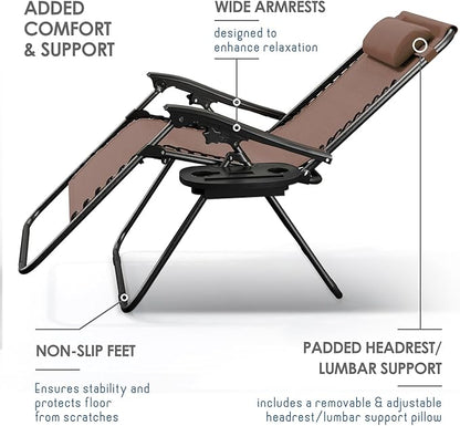 Nestl Zero Gravity Chairs, Portable Patio Lounge Chair Outdoor with Pillows & Cup Holder Trays, Adjustable Steel Mesh Reclining Camping Chair, Folding Patio Lawn Chair for Deck, Beach, Yard - Brown