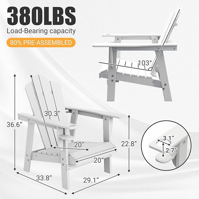 PROHIKER Adirondack Chair with Cup Holder, Plastic Patio Chair, All Weather Outdoor Chairs for Fire Pit Lawn Garden Porch Backyard (White, 4 Pack)