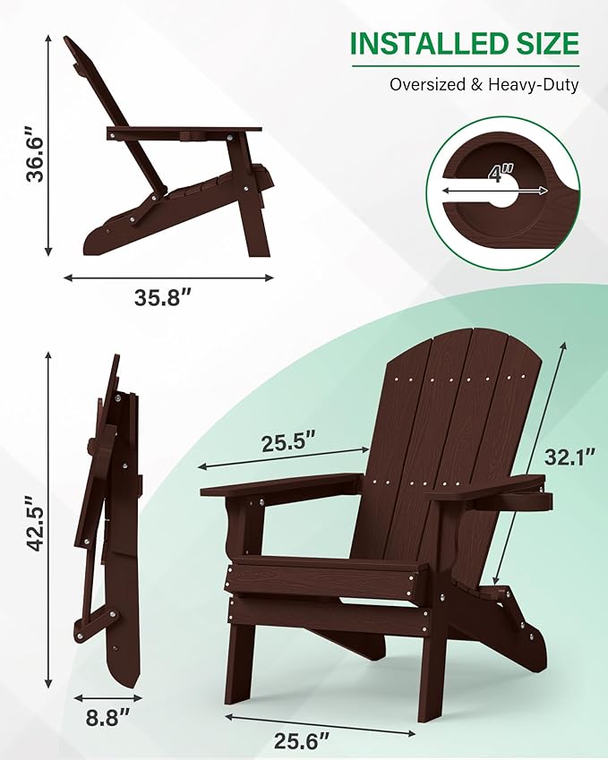 YEFU Adirondack Chair, Oversized Plastic Adirondack Chair Folding Outdoor Chairs with cup holder - Photo 3