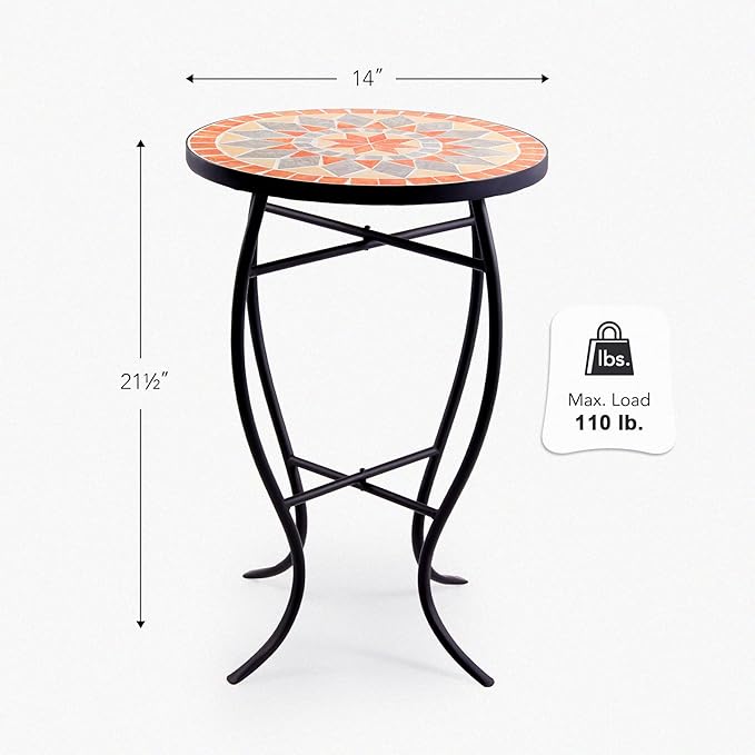 VONLUCE Mosaic Side Table and Plant Stand, 21" Round End Table with 14" Ceramic Tile Top, Indoor and Outdoor Accent Table, Porch Patio Furniture, Entryway & Coffee Table for Home & Garden, Quilt Star